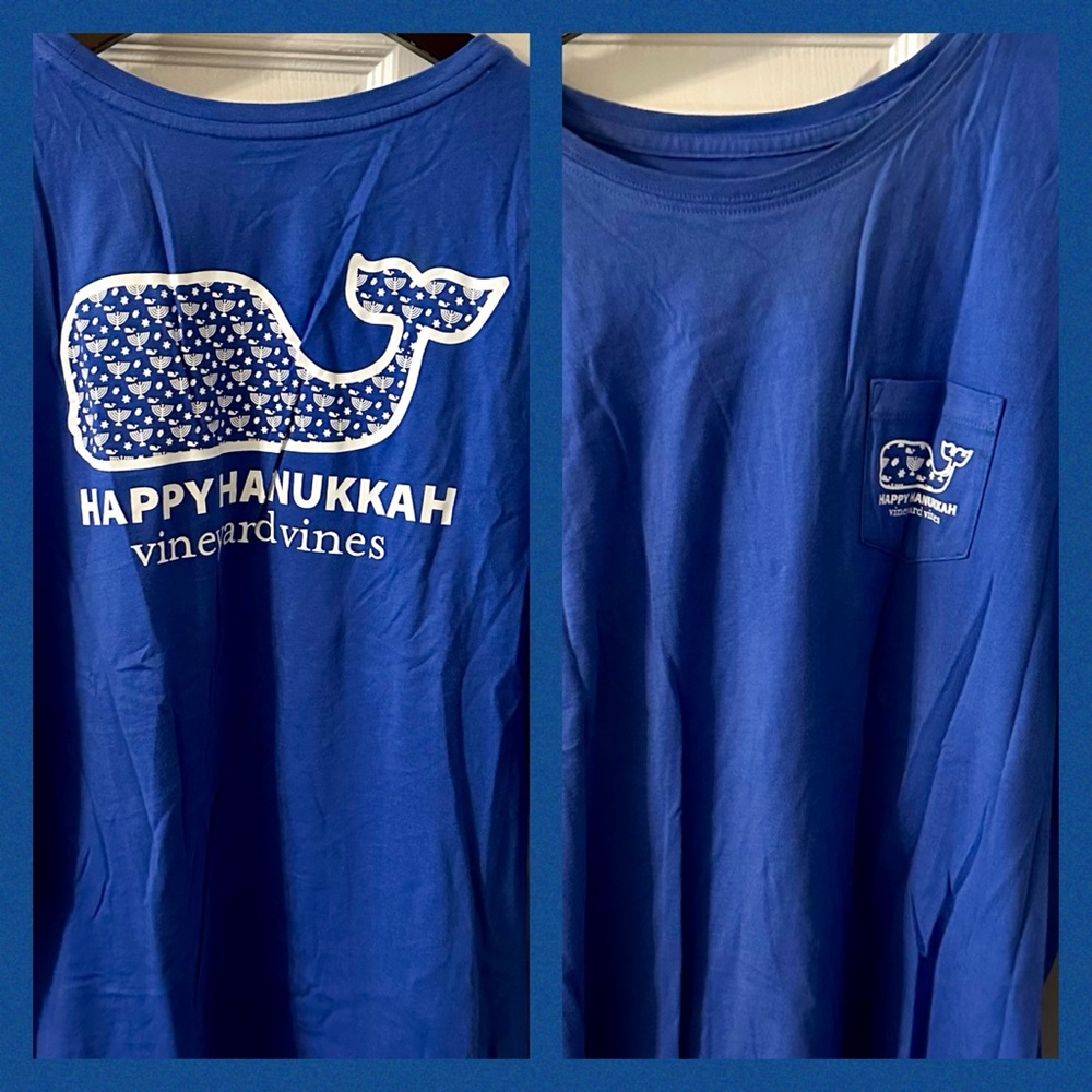 Vineyard Vines- 🐳LS Graphic T Shirt, “Happy Chanukah”, in Royal Blue, Size L